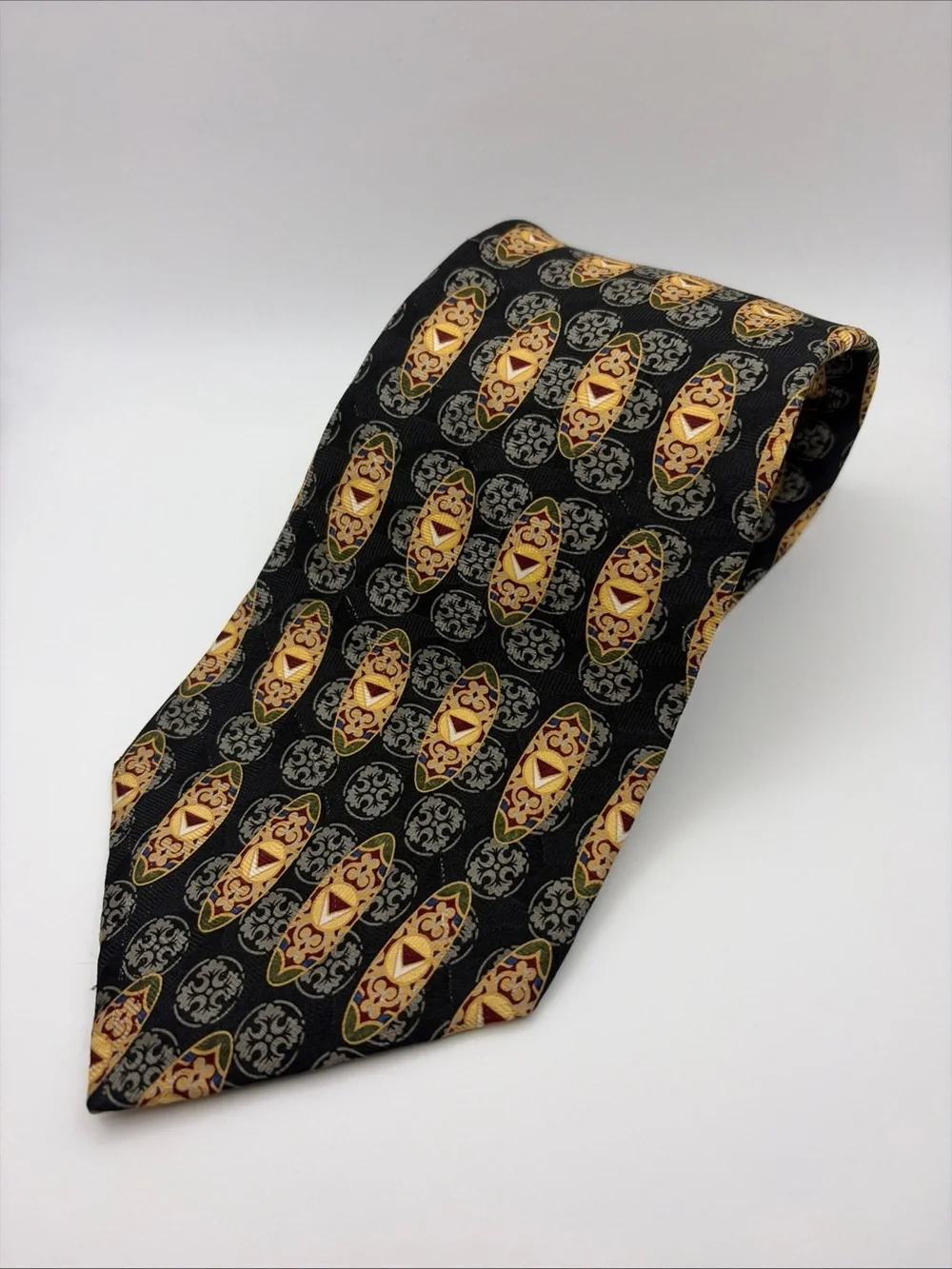 Lands’ End 100% Silk Men’s Black Geometric Print Necktie Made In USA